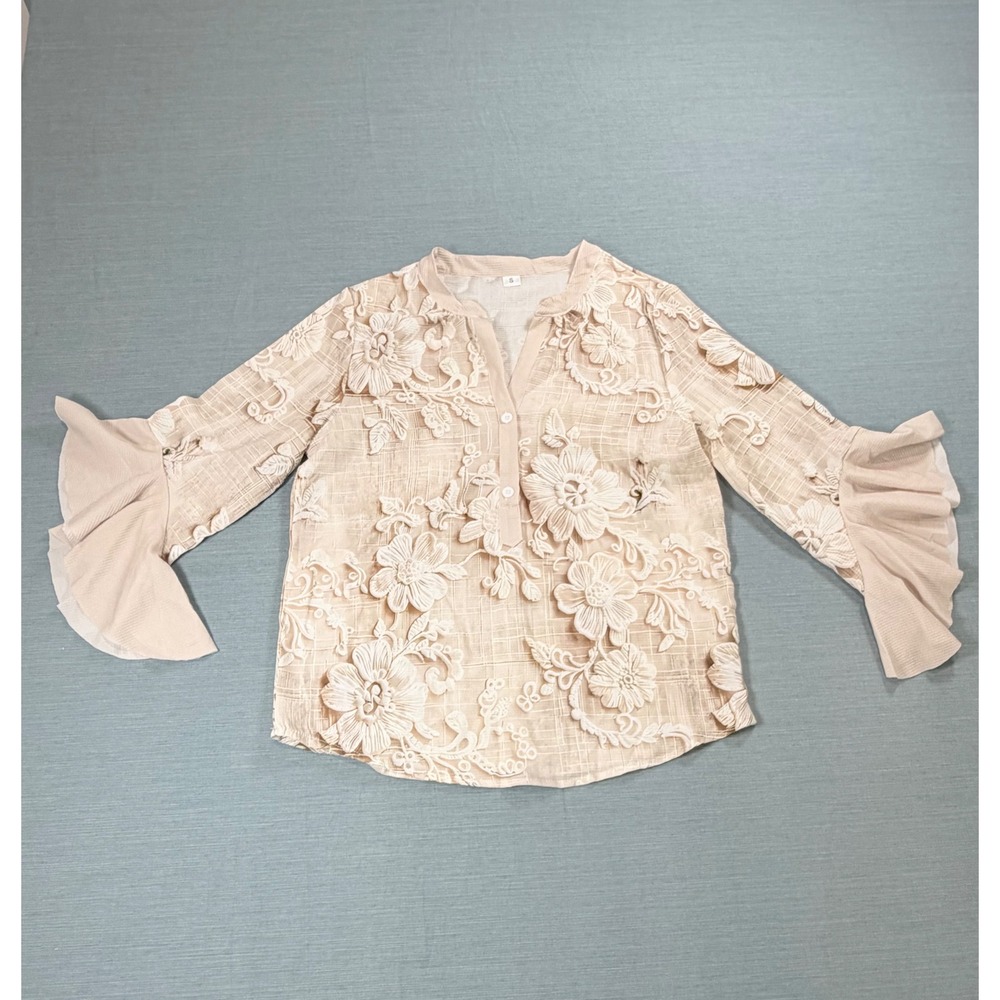 3D Printed Floral Embroidered Lace Blouse Beige Bell Sleeve Ruffle Cuff Small